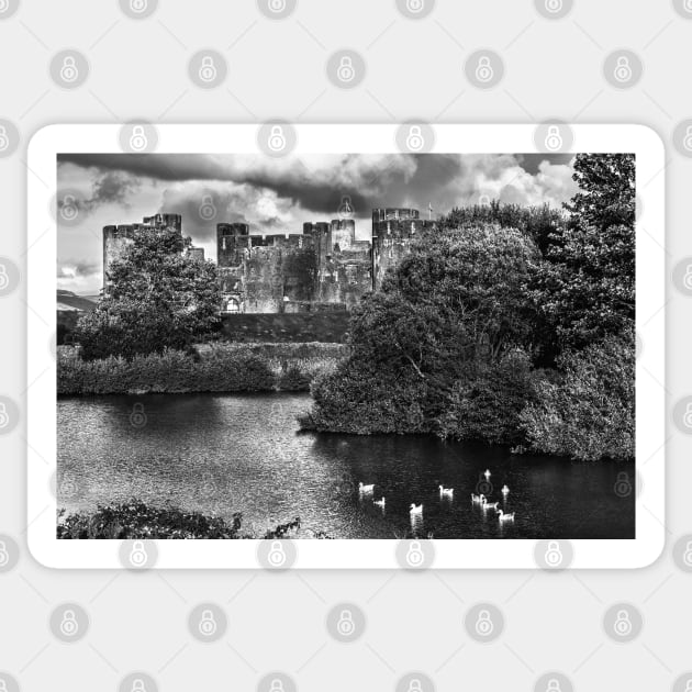 Caerphilly Castle Western Towers mono Sticker by IanWL